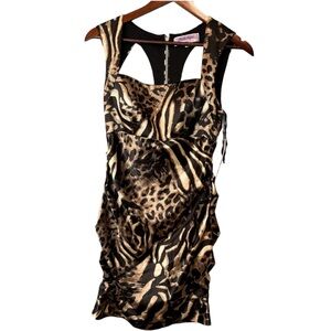 Adrianna Papell Hailey Logan Mixed Animal Print Ruched Satin Mini Dress NWT 9/10